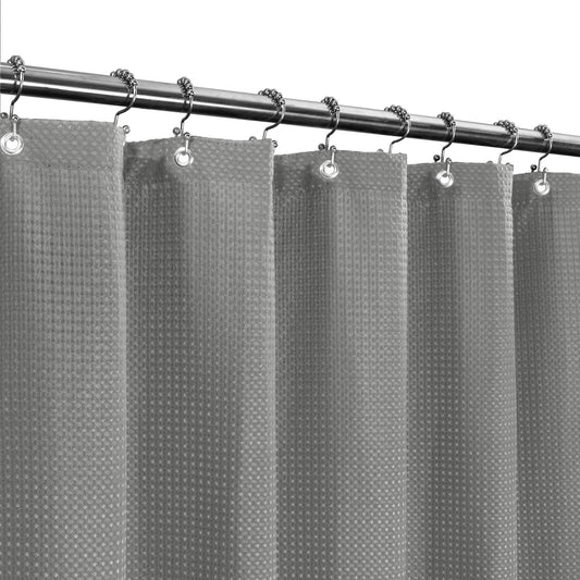 Short Shower Curtain Fabric with 66 inch Length, Waffle Weave, Hotel Luxury Spa, 230 GSM Heavy Duty, Water Repellent, Machine Washable, Gray Pique