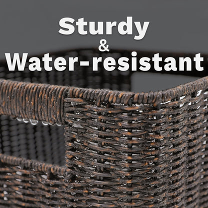 myHomeBody Wicker Storage Basket, Storage Cubes, Woven Baskets for Organizing, Resin Wicker Set of 3, Rustic Brown