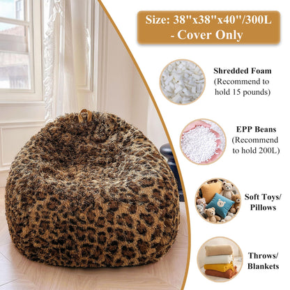 XeGe Faux Fur Leopard Print Bean Bag Chair Cover(No Filler), Cheetah Brown