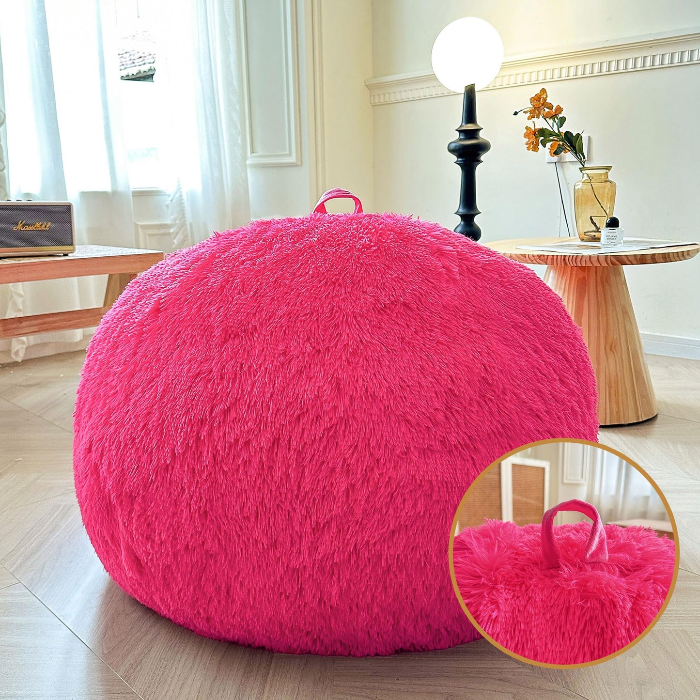 XeGe Faux Fur Stuffed Animal Storage Bean Bag Cover(No Filler), Hot Pink