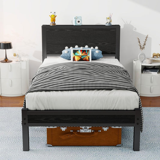 Diahomy Single Bed Frame with Wood Storage Headboard, Metal Platform Bed Single/Mattress Base/Underbed Storage/No Box Spring Needed/Black