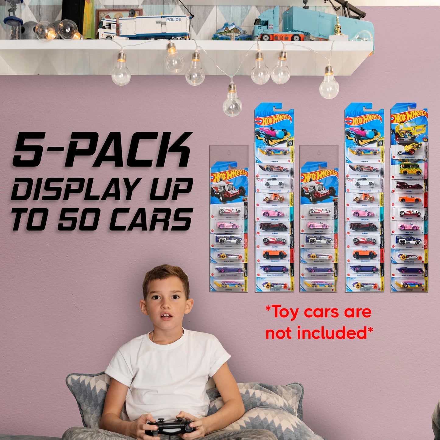 Tapeera Model Car Display Case Wall Mount - Holds Up to 50 Cars - Compatible with Hot Wheels Matchbox Packaged Cars - Diecast Blister Packed Toy Car