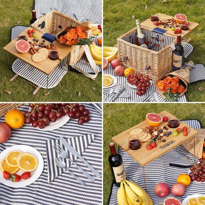 Wicker Picnic Basket for 2, 2 Person Picnic Set, Willow Hamper Service Gift Set with Bamboo Wine Table with Metal Legs for Camping and Outdoor Party