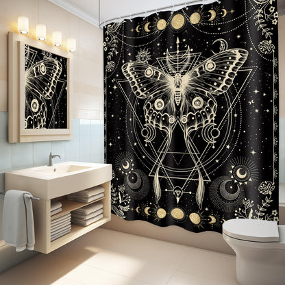 LGhtyro Gold Moth Shower Curtain 60Wx71H Inch Moon Phase Shower Curtain Bathroom Set Gothic Black Butterfly Moonlit Bath Curtain Witchy Tarot