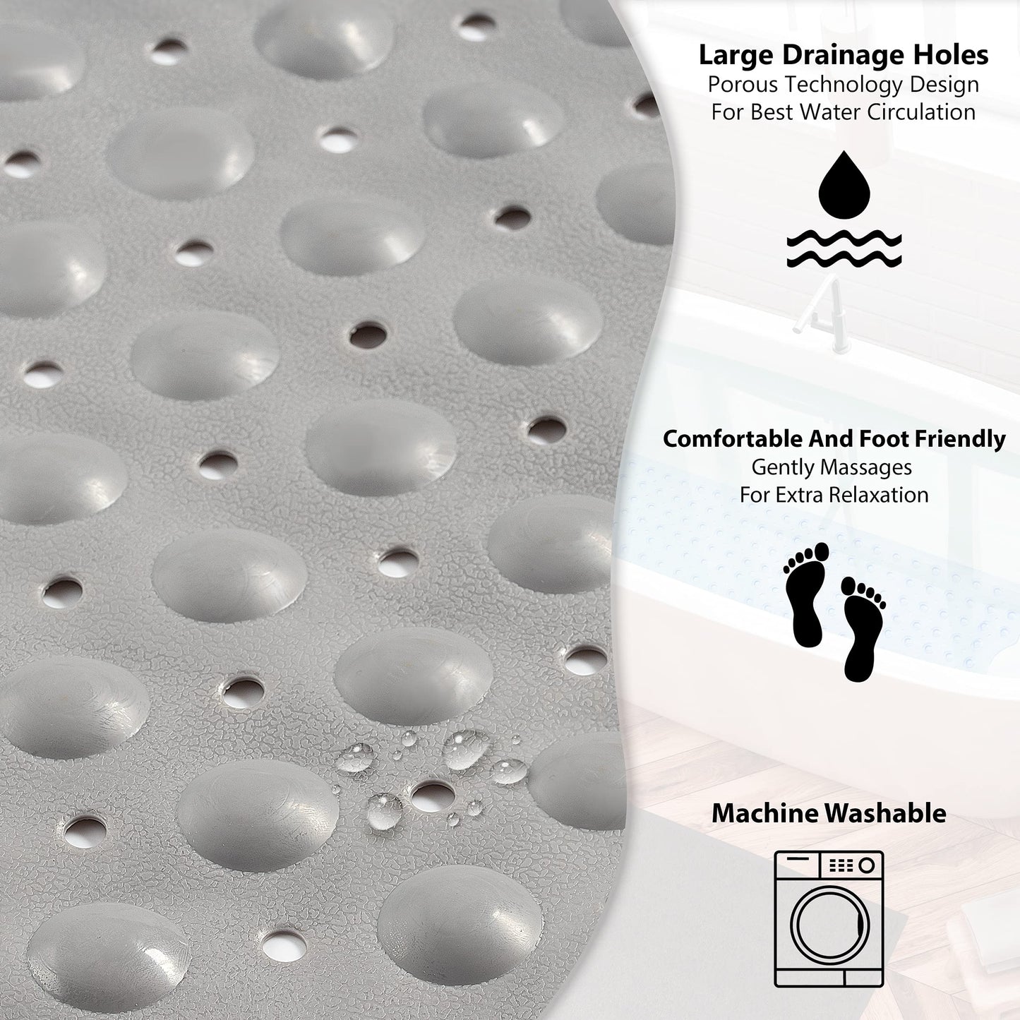 Bathtub Mat Non Slip – 100 x 40 CM Bath Mat – Easy Clean Shower Mats – Sturdy Suction Cup Attaching – Comfortable for Feet – Draining Holes