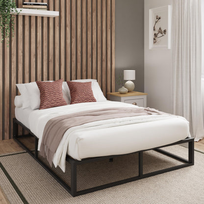 GFW Loft Platform Small Double Bed, Black Metal Bed with Wooden Slats, Modern Industrial Platform Bed, Easy Assembly 4ft Bedroom Furniture