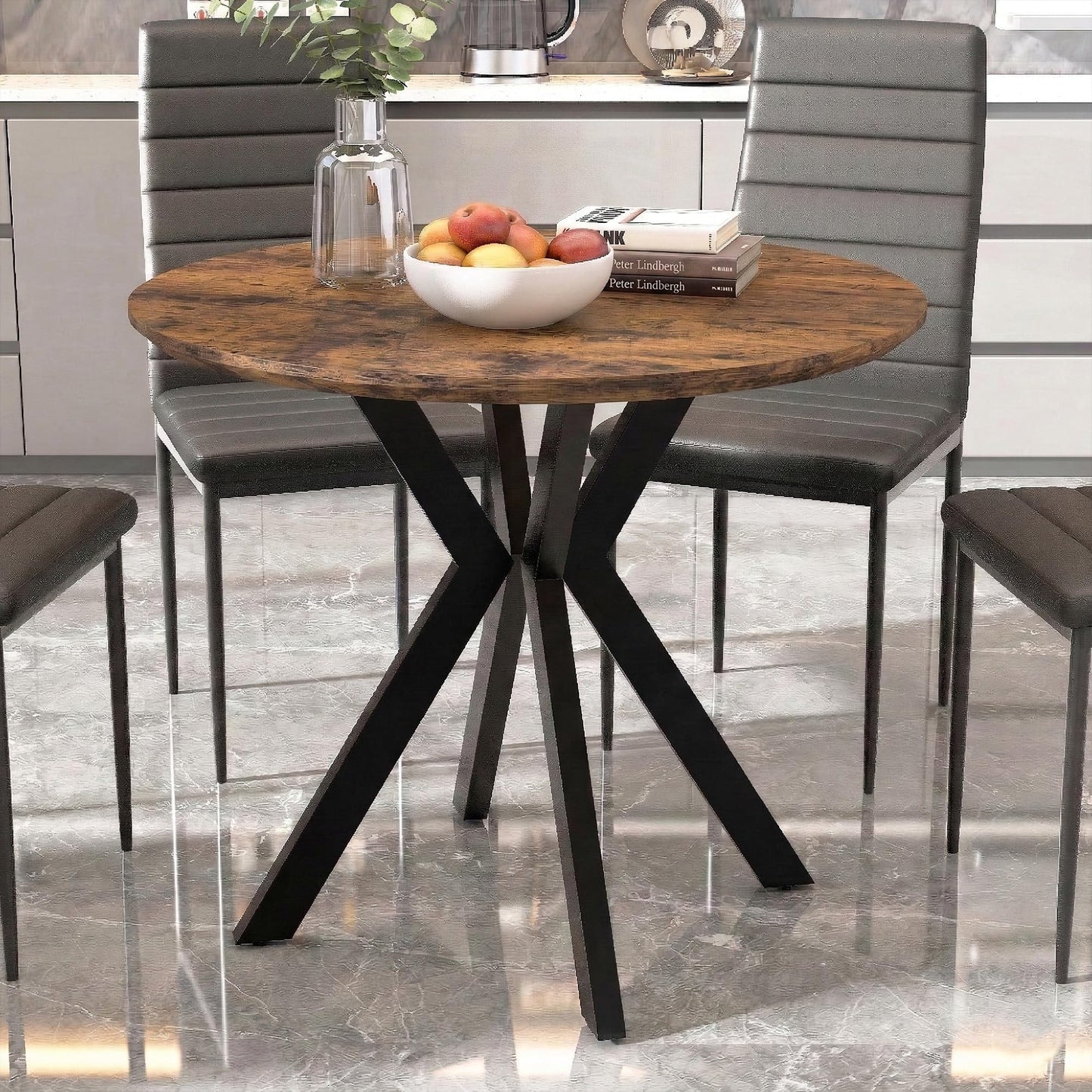 80cm Round Wooden Dining Table with Black Metal Legs for Kitchen & Home
