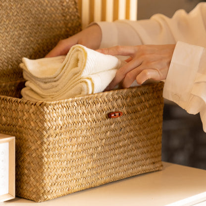 Wicker Storage Baskets with Lids, Set of 4 Seagrass Baskets, Rattan Woven Rectangular Basket Bins for Shelf Organization