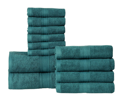 Hillfair 12-Piece 600 GSM Cotton Bath Towel Set - Hotel Spa Towels: 2 Bath, 4 Hand, 6 Washcloths - Absorbent, Super Soft - Teal