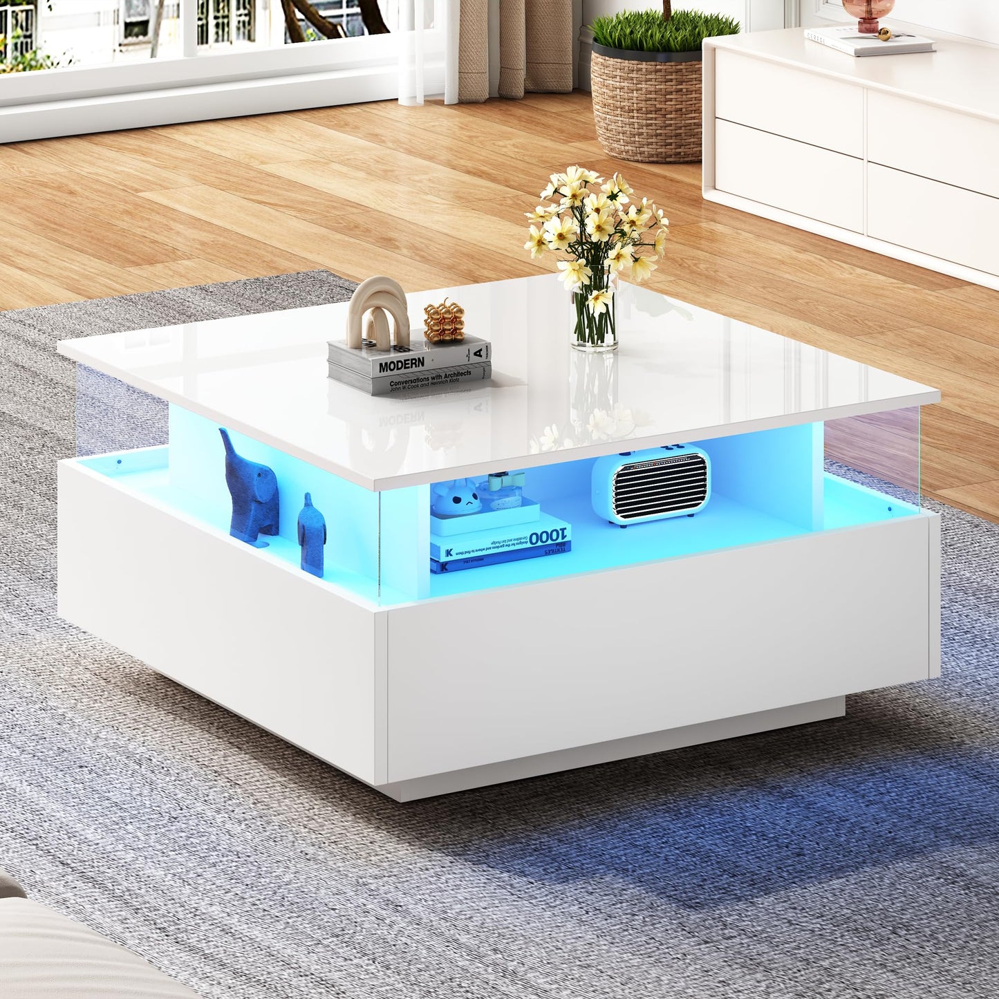 ModernLuxe LED Coffee Table with Storage, Square Acrylic Glass Tea Table, 2 Sliding Drawers, High Gloss White Center Table with Lights, 70x70x41cm