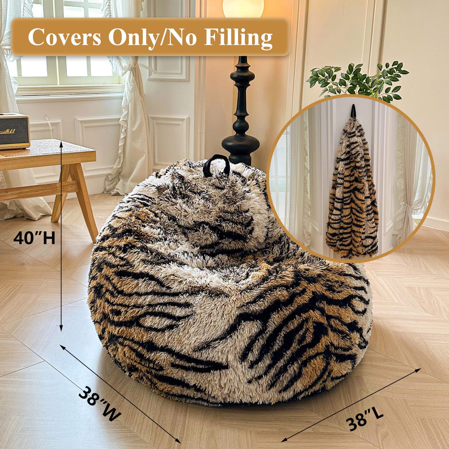XeGe Soft Faux Fur Tiger Print Bean Bag Chair Cover(No Filler), Tiger Brown