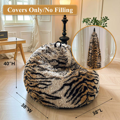 XeGe Soft Faux Fur Tiger Print Bean Bag Chair Cover(No Filler), Tiger Brown