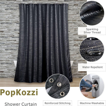 Black Silver Glitter Shower Curtain: Waterproof Washable, 200Lx183W