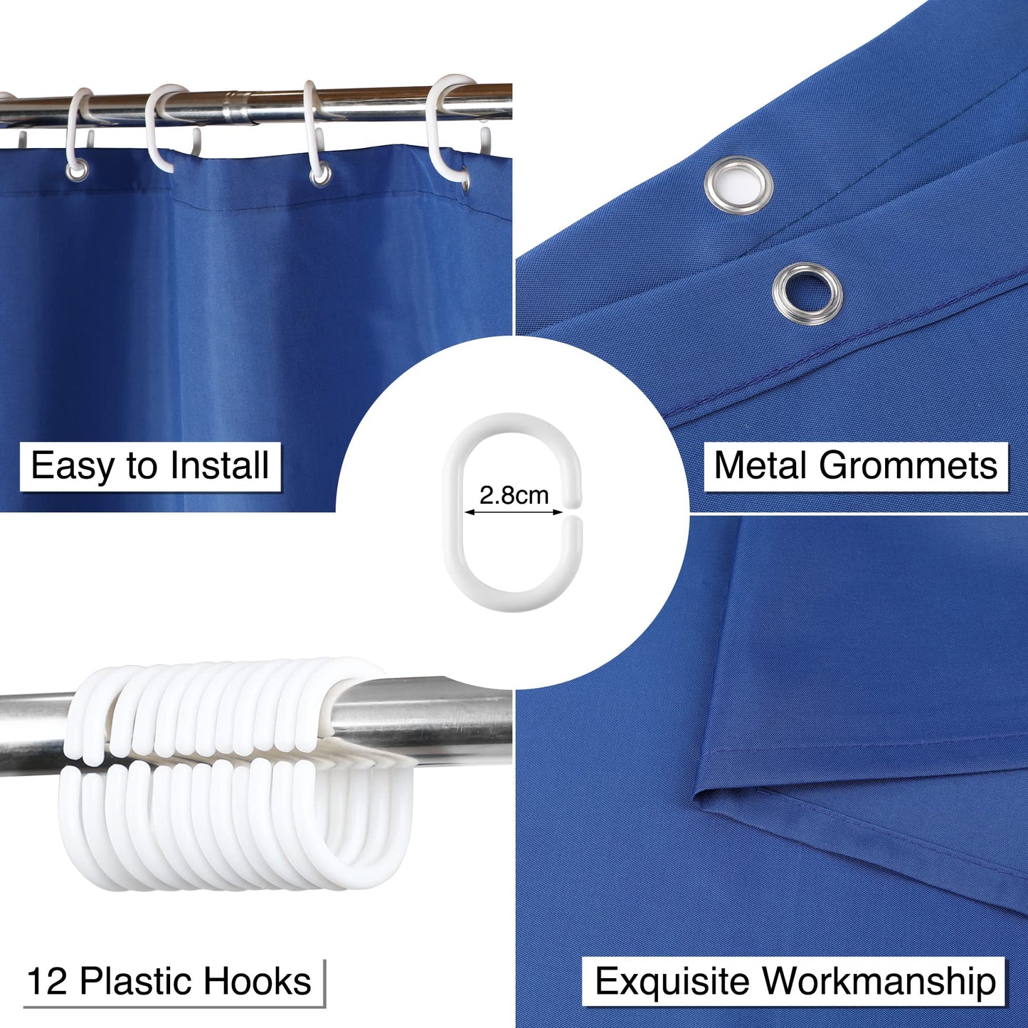 WELTRXE Shower Curtain Mould Proof Resistant, 180x180cm Waterproof Bathroom Curtain Set With Hooks, Weighted Hem