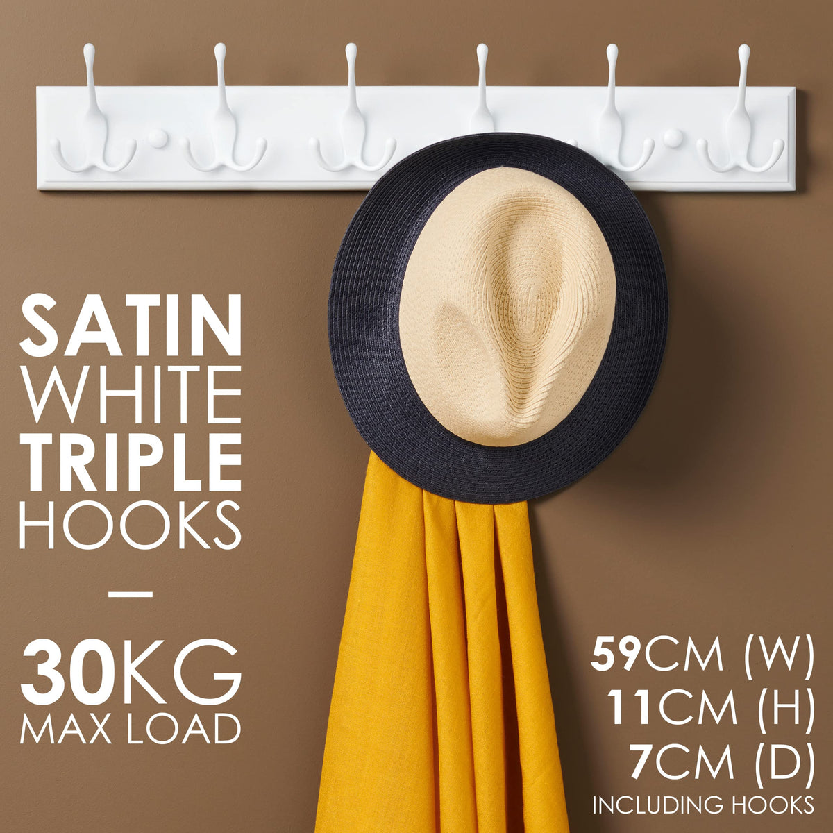 LARHN White Wall-Mounted Coat Rack - 6 White Coat Hooks, 59cm