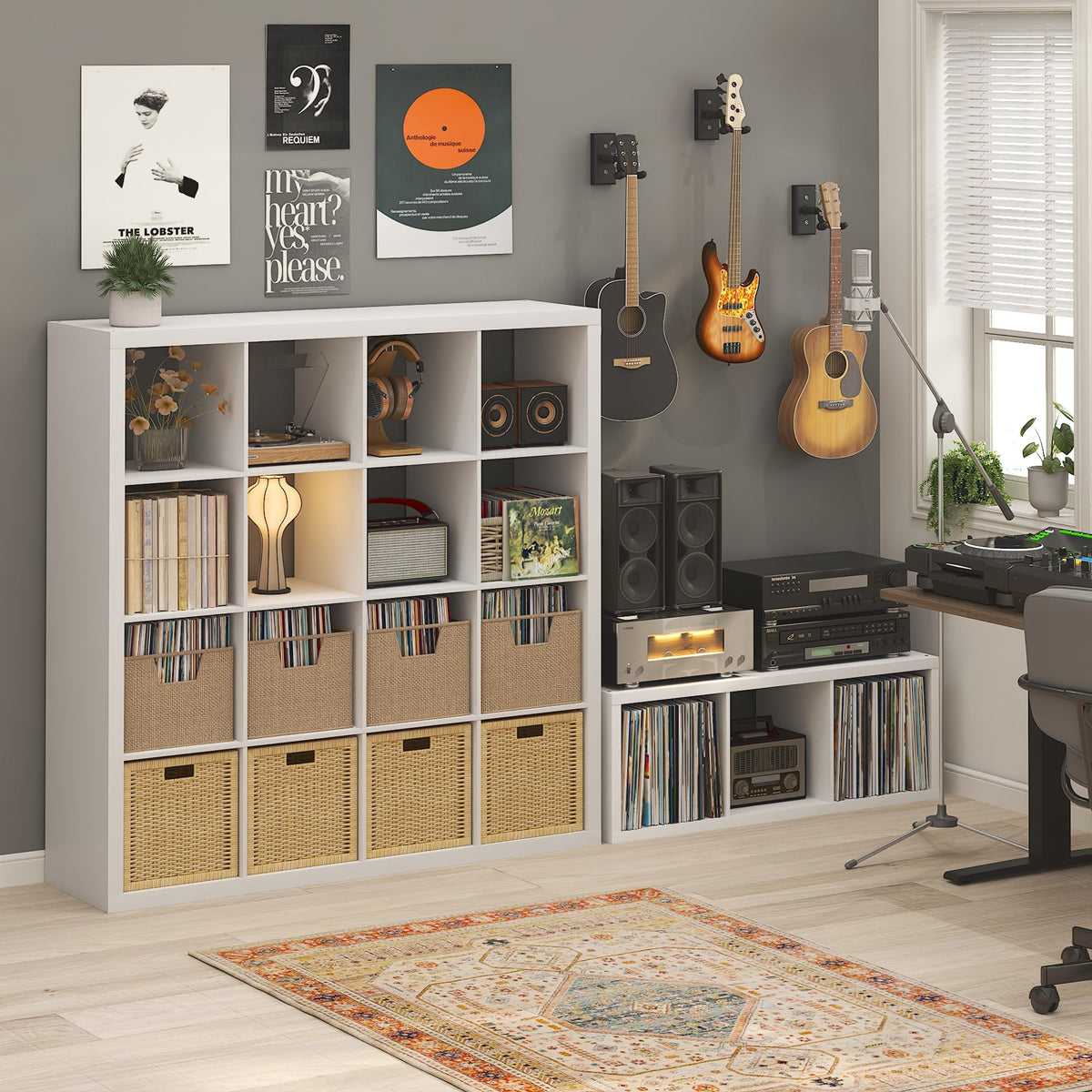 Furinno CUBICLE Record Player Stand with Vinyl Storage, 3-Cube 3 cm Extra Thick Vinyl Record Storage