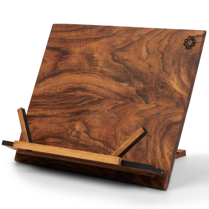 TILISMA Wooden Cook Book Stand - Handmade Walnut Book Holder for Reading Hands Free - Cookbook Holder for Counter Top - Fancy Tablet Holder