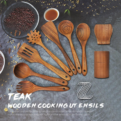 Wooden Spoons for Cooking, 9Pcs Wooden Utensils for Cooking,Wooden Cooking Utensils with Comfort Grip,Teak Wooden Kitchen Utensil Set with Utensils