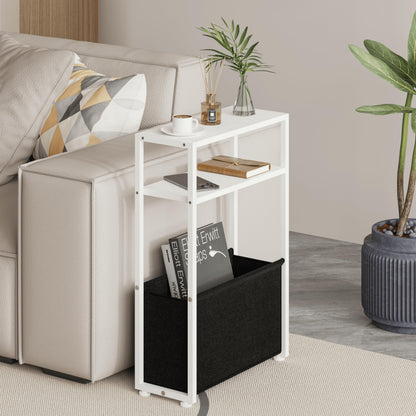 JERX Narrow Side Table with Fabric Basket, End Table for Small Spaces, Slim Side Table with Magazine Rack for Living Room Office Bedroom and Bathroom