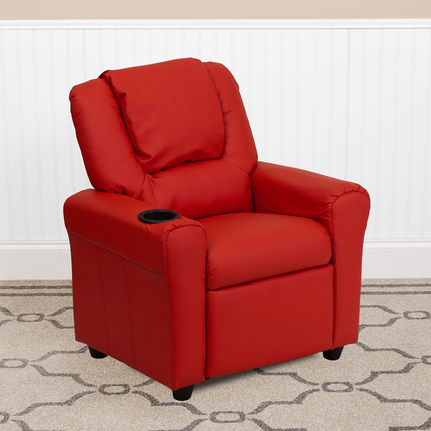 Flash Furniture Contemporary Kids Recliner with Cup Holder and Headrest, Wood, Red Vinyl, 60.96 x 48.26 x 48.26 cm