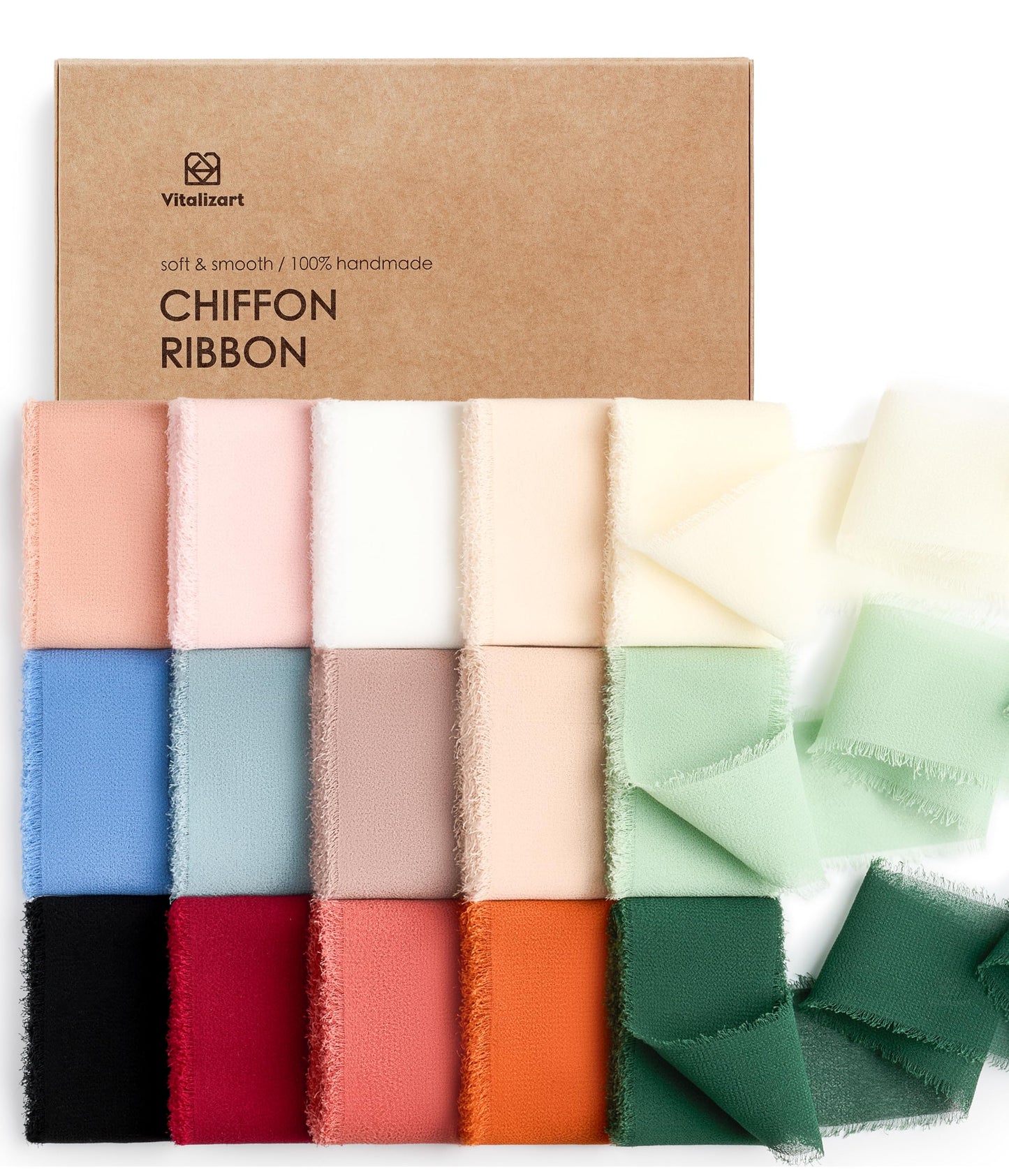 Vitalizart 15 Colours Chiffon Ribbon 1.5'' x 30 Yd, Fabric Silky Ribbons 15 Rolls x 2 Yd, Handmade Fringe for Wedding Invitation, Bridal Bouquet, Gift