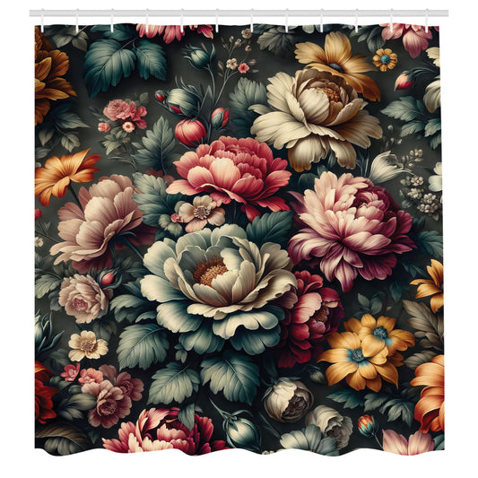 ABAKUHAUS Floral Shower Curtain, Jumble Garden Peony Flowers, Cloth Fabric Bathroom Decor Set with Hooks, 175 x 200 cm, Pale Ruby ??Red Laurel Green