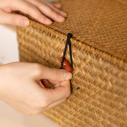 Wicker Storage Baskets with Lids, Set of 4 Seagrass Baskets, Rattan Woven Rectangular Basket Bins for Shelf Organization