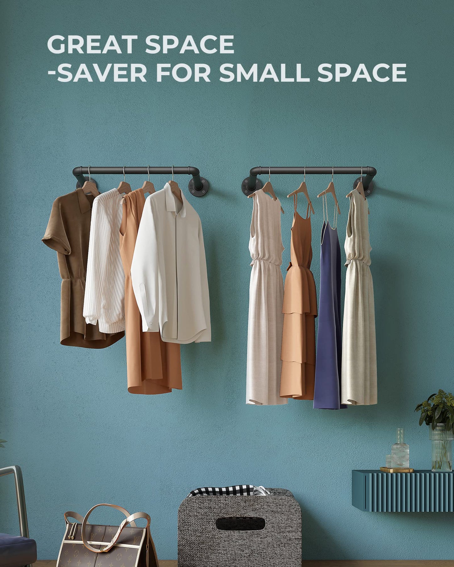 OROPY Set of 2 Wall Mounted Clothes Rail, 49cm Industrial Pipe Clothes Rack