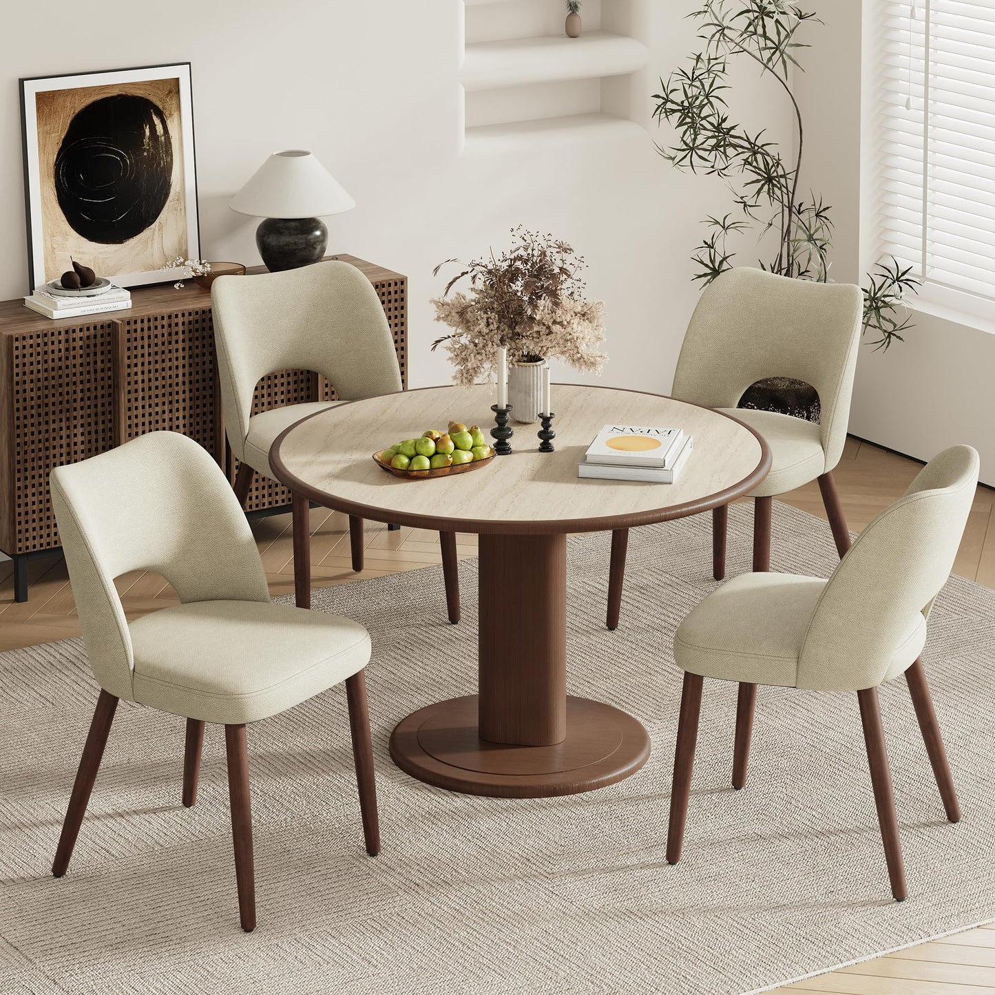 MALOL Upholstered Dining Chairs Set of 4, Fabric Chairs for Dining Room with Solid Wood Legs, Hollow Backrest and Thick Seat Cushion