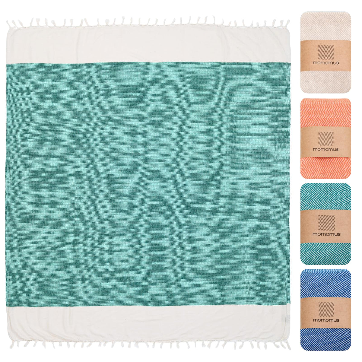 MOMOMUS Beach Towel 90 x 170 cm, 100% Cotton, Fouta Hammam Towel, Sea Green