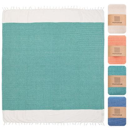MOMOMUS Beach Towel 90 x 170 cm, 100% Cotton, Fouta Hammam Towel, Sea Green