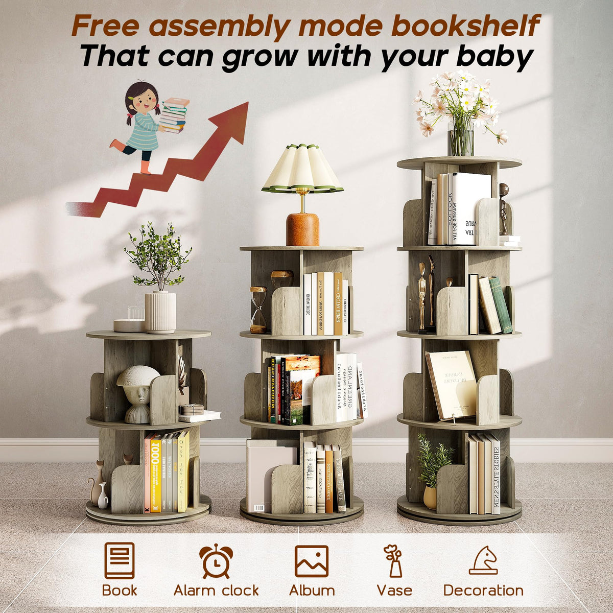 Quikraen 4-Tier Rotating Bookshelf，360° Rotating Storage Rack，Oak Color