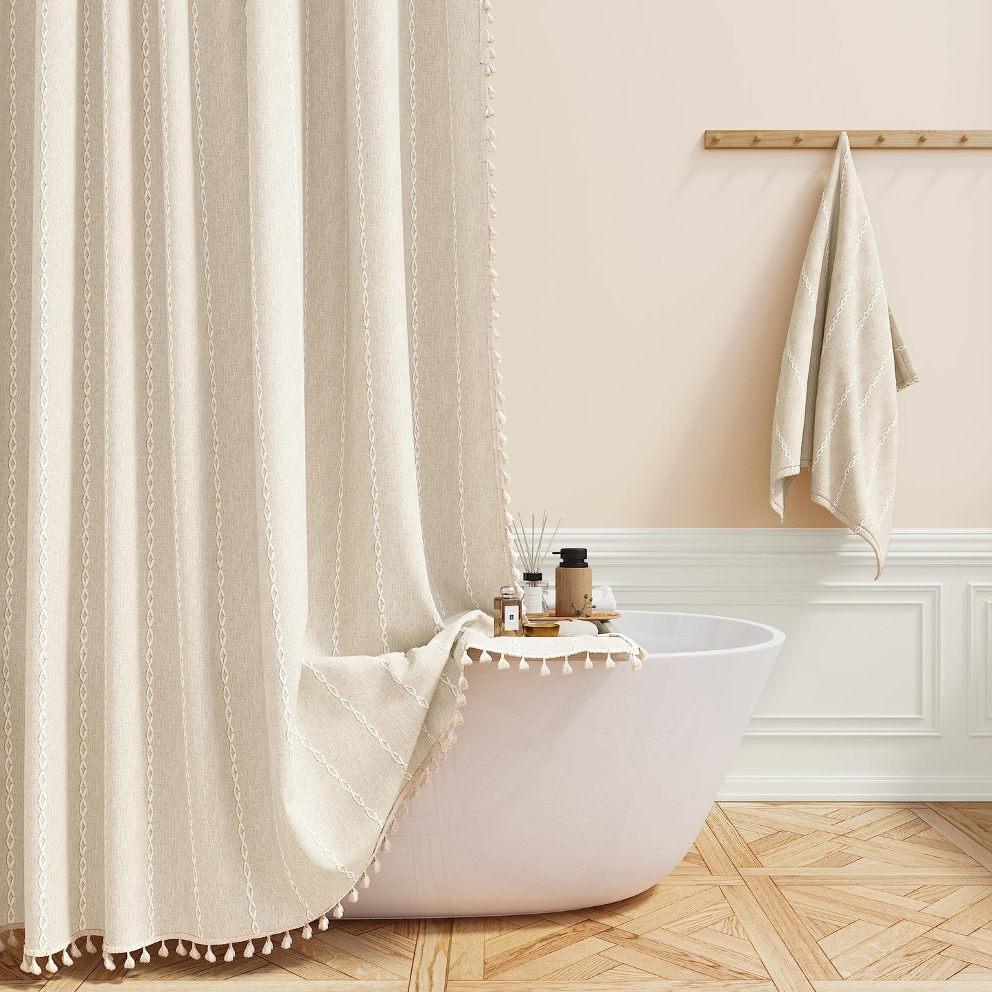 BTTN 182 x 214cm Drop Extra Long Shower Curtain, Boho Farmhouse Striped Mould Resistant Linen-Look Fabric Tassel Shower Curtains, Large Vintage