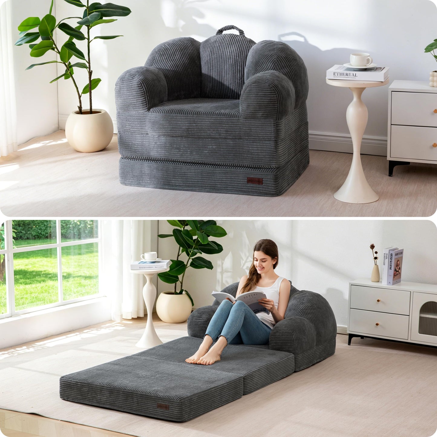 MAXYOYO Folding Sofa Bed with Backrest, Floral Shaped 2 in 1 Convertible Sofa to Comfy Faux Fur Bean Bag Chair for Adults