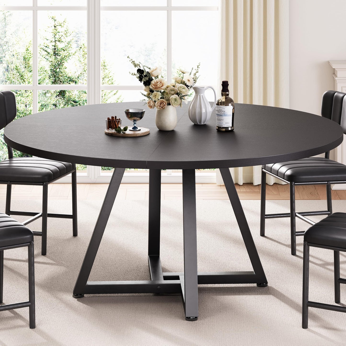 Jocoevol Round Kitchen Dining Table for 2 People, Circle Dinner Table with Metal Frame, Space Saving Wood Industrial Furniture (Black, 31 inch