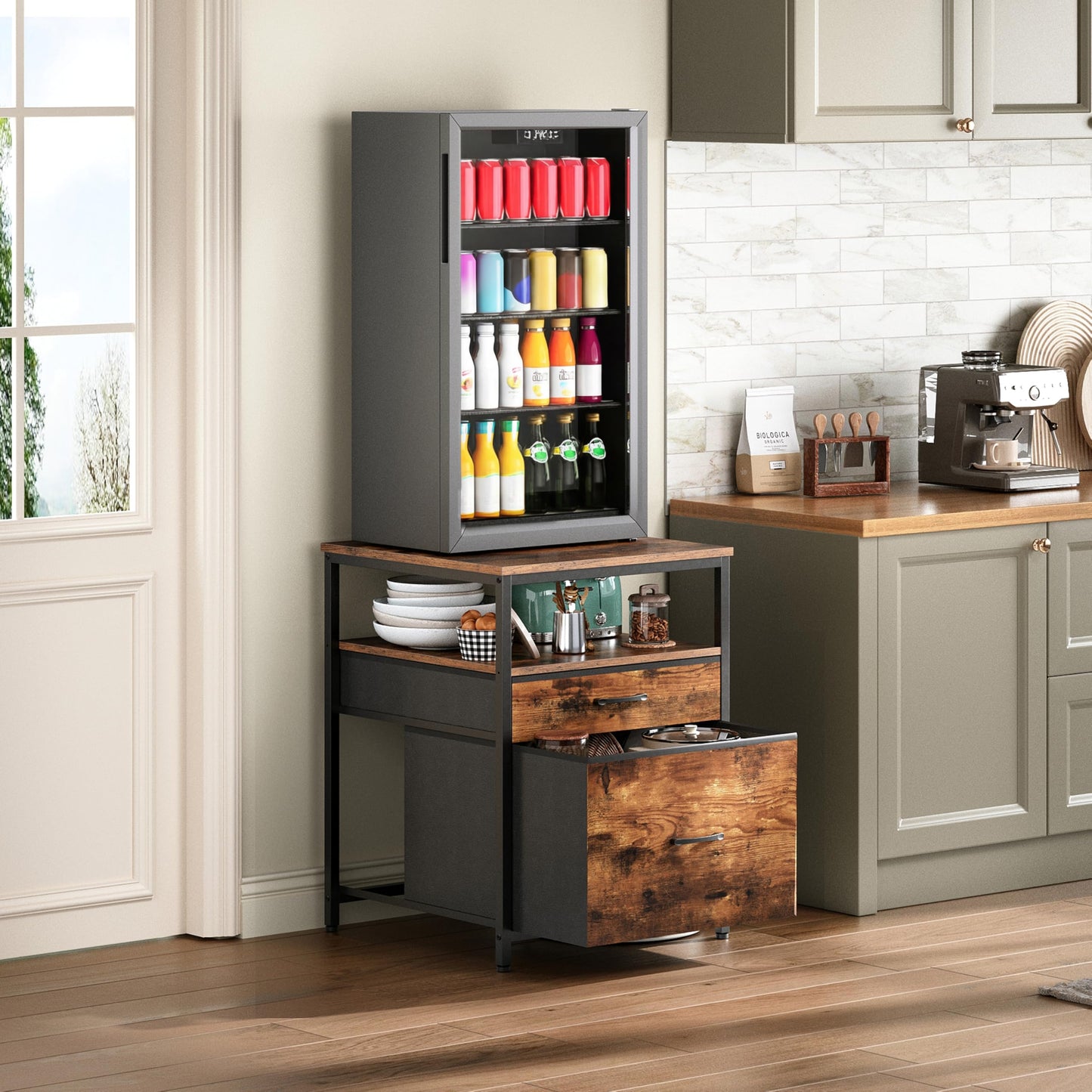 Herture Mini Fridge Stand with 3 Storage, Mini Fridge Cabinet, Beverage Fridge Table, Heavy Duty 55.2cm L * 57.68cm W Tabletop, for Dorm