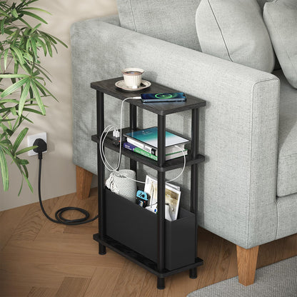 APICIZON Narrow Side Table, 3 Tier Bed Side Table, Slim End Table with Charging Station, for Living Room, Bedroom
