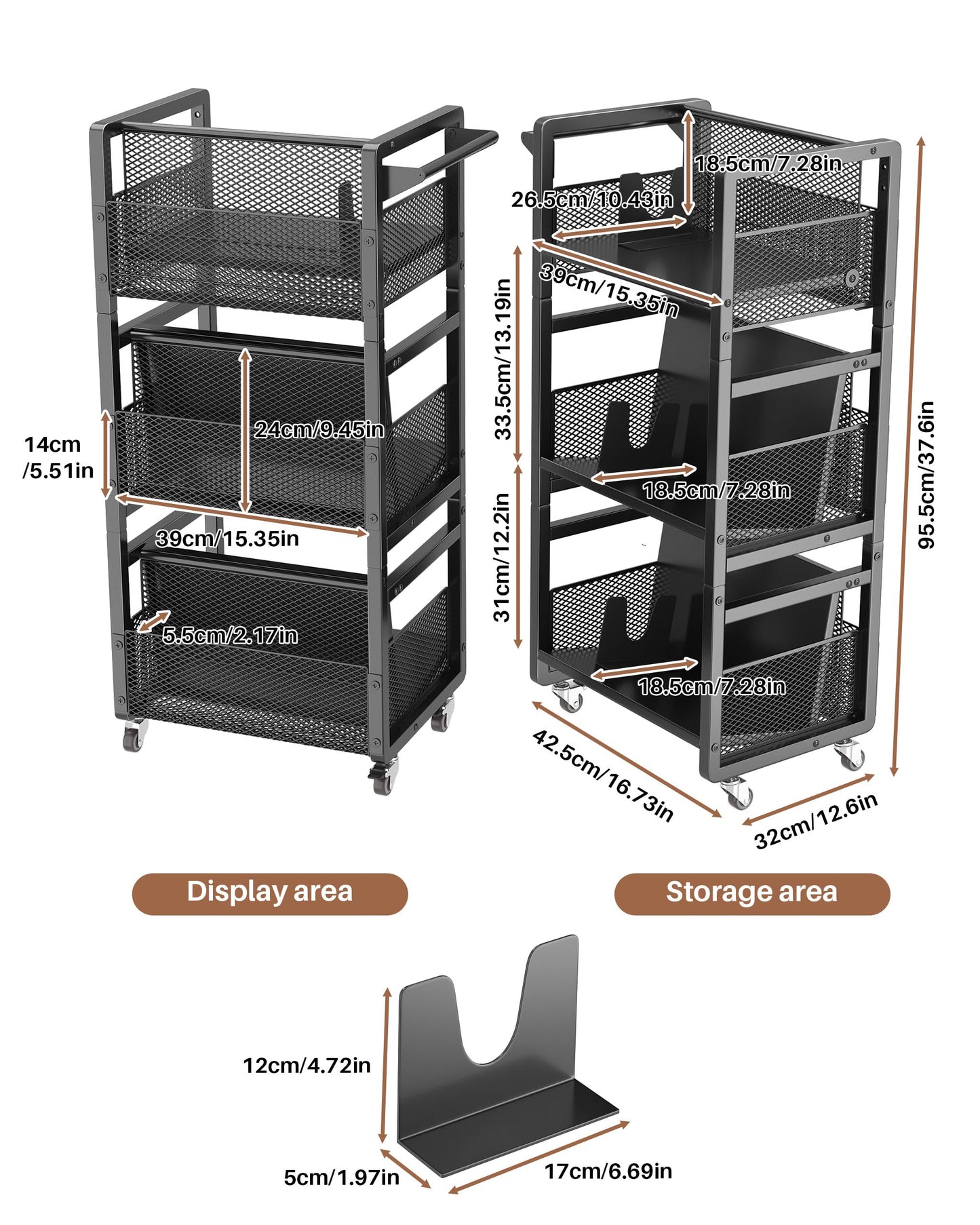 Noskox Mobile Bookshelf with Wheels, Metal 3-Tier Book Trolley