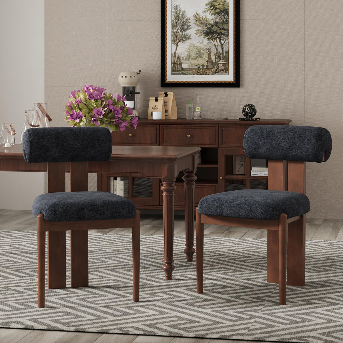 Dining Chairs Set of 2, Dining Room Chairs Upholstered Chenille Fabric, Wooden Kitchen Chairs with Padded Seat & Solid Wood Frame