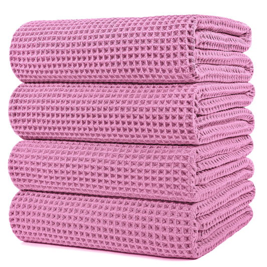 POLYTE Microfibre Oversize Quick Dry Lint Free Bath Towel, 152 x 76 cm, 4 Pack (Pink, Waffle Weave)