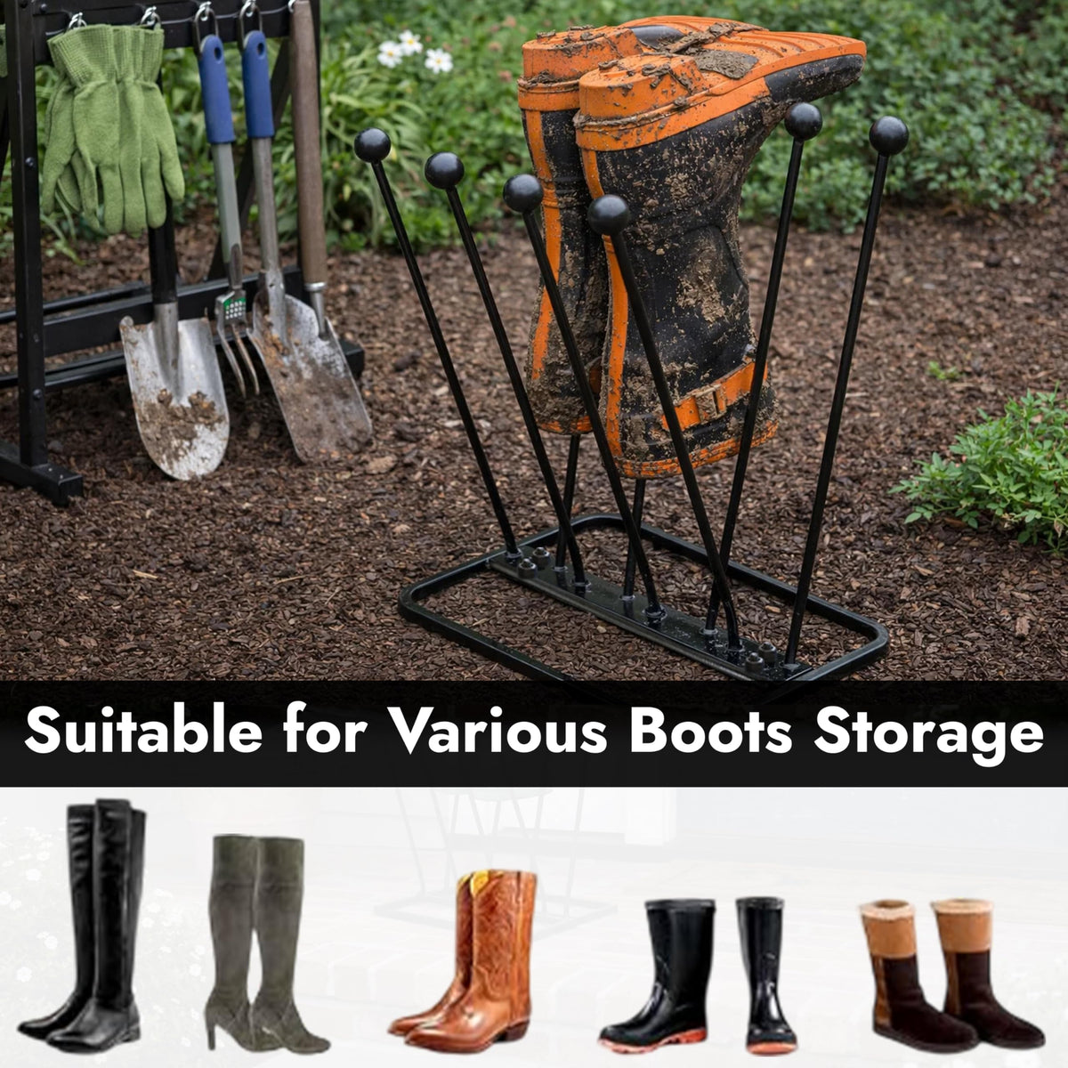 ARSUK Welly Boot Rack - Metal Wellington Boots Stand Outdoor, Cast Iron and Rustproof Wellies Storage Racks & Holder - 2 Pair & 4 Pair Boot Rack