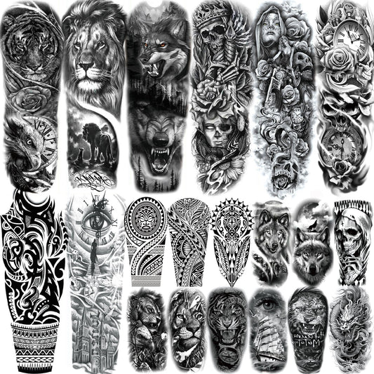 20 Sheets Cool Wolf Lion Tiger Full Arm Temporary Tattoos For Men Adults Thigh, Skull Nun Maori Flower Fake Sleeve Tattoos For Women, 3D Temp Black