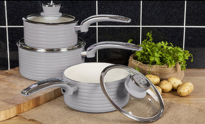 Swan SWPS3020GRN Retro Induction Saucepan Set With Glass Lids, Non Stick Ceramic Coating, Easy to Clean, Grey, 3 Piece, 16/18/20 cm
