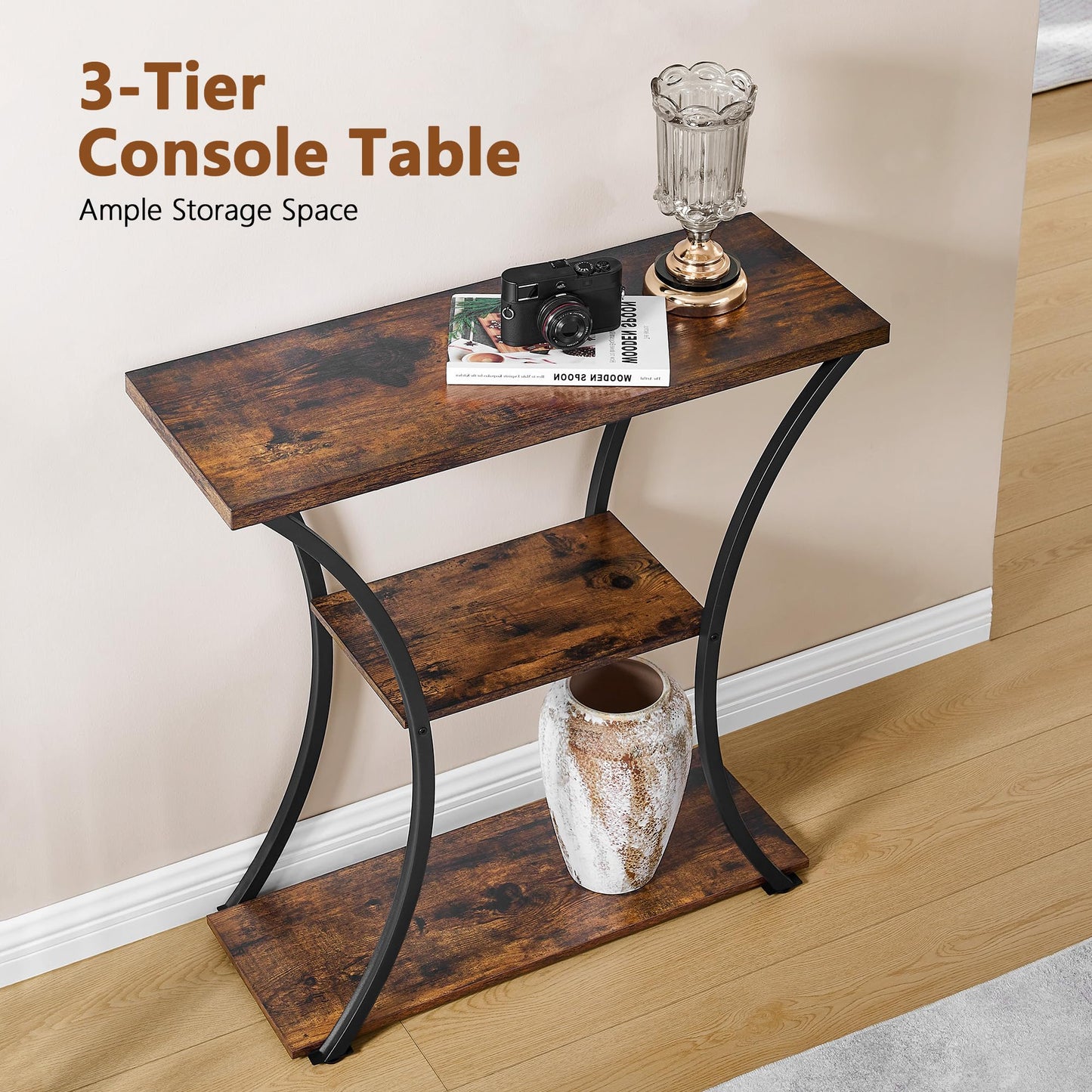 Hoctieon 3 Tier Console Table with Open Wood Shelves, Decorative Entryway Table with Curved Metal Frames, Narrow Sofa Table for Entrance, Living Room
