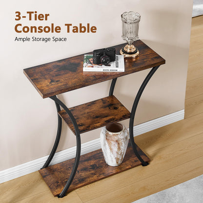 Hoctieon 3 Tier Console Table with Open Wood Shelves, Decorative Entryway Table with Curved Metal Frames, Narrow Sofa Table for Entrance, Living Room
