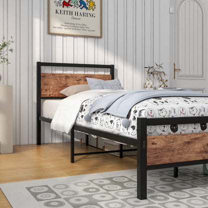 HOJINLINERO Metal Single Bed Frames with Wood Headboard,Industrial Bed Frame Single for Adult,Heavy Duty Platfrom Metal Slats Support,Easy