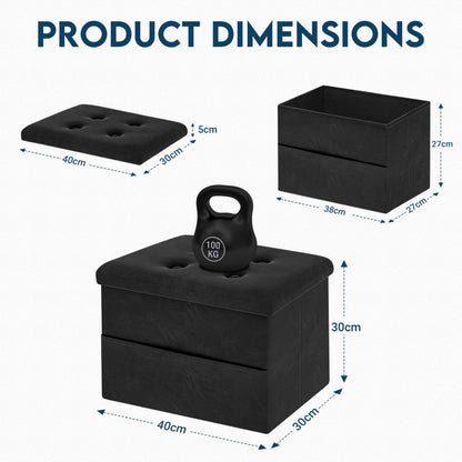 LOFTEY Small Ottoman Storage Box, Foldable Foot Stool with Lid, Black