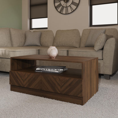 GFW Catania Coffee Table, Royal Walnut Coffee Table with 2 Drawers, Herringbone Wood Grain Finish, Modern Living Room Furniture