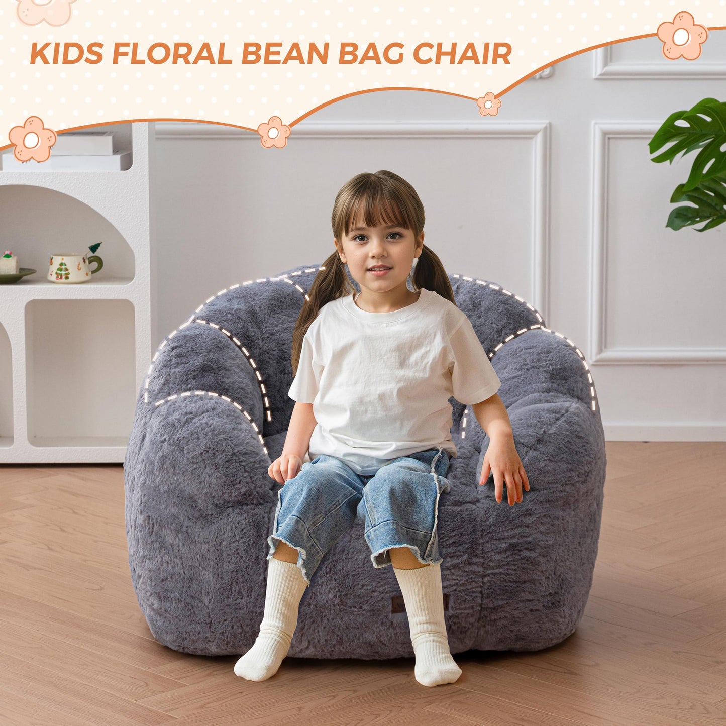 MAXYOYO Kids Floral Shaped Bean Bag Sofa, Includes Filling, Faux Fur Fabric