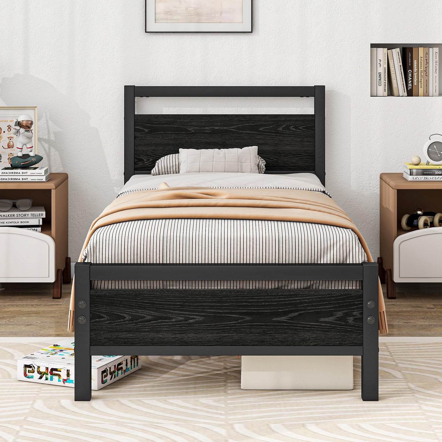 BOFENG 3ft Single Bed Frames Solid Bedstead Base with Wood Headboard,Heavy Duty Metal Platform Bed Frame No Box Spring Needed,Mattress